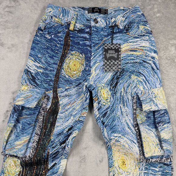 NWT Rebel Vengeance Tapestry Cargo Jeans Mens Starry Night Van Gogh Streetwear - Picture 4 of 8